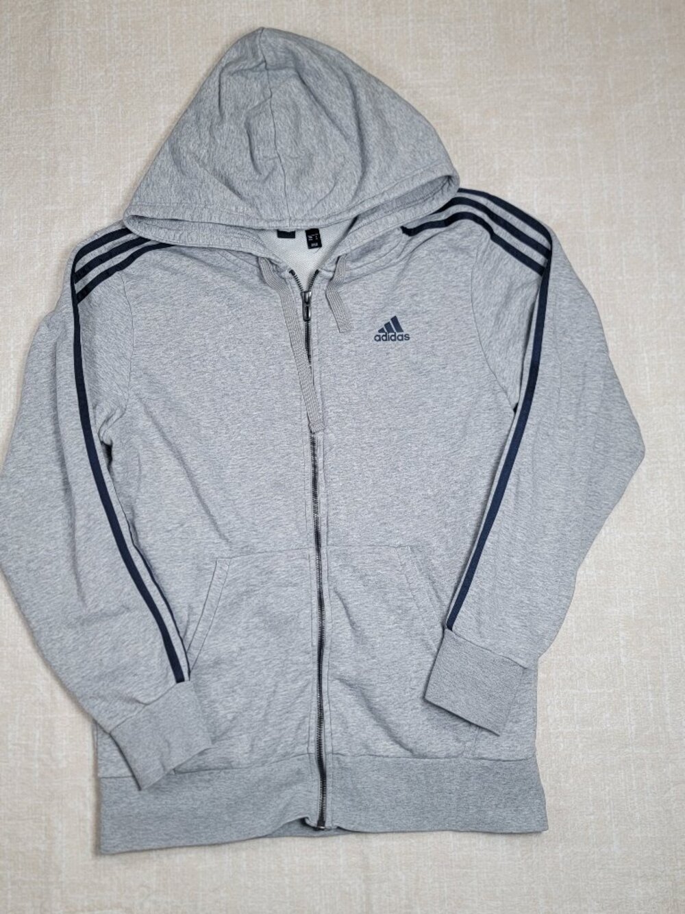 adidas 3 Stripes Full Zip Hoodie Size M Gray Heather Navy Stripes Logo